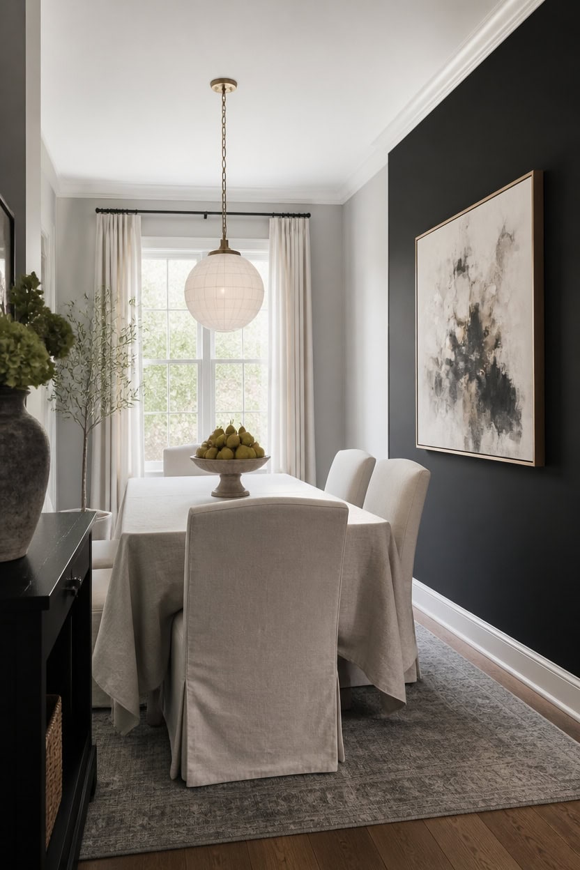 Bright dining room with white chairs, black accent wall, and large window.