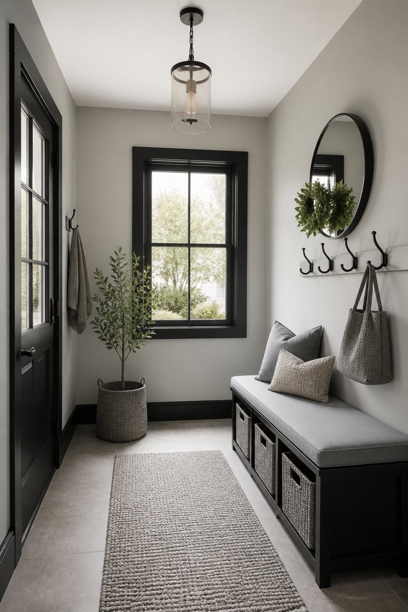 Stylish entryway with bench, mirror, hooks, and potted plant in natural light.