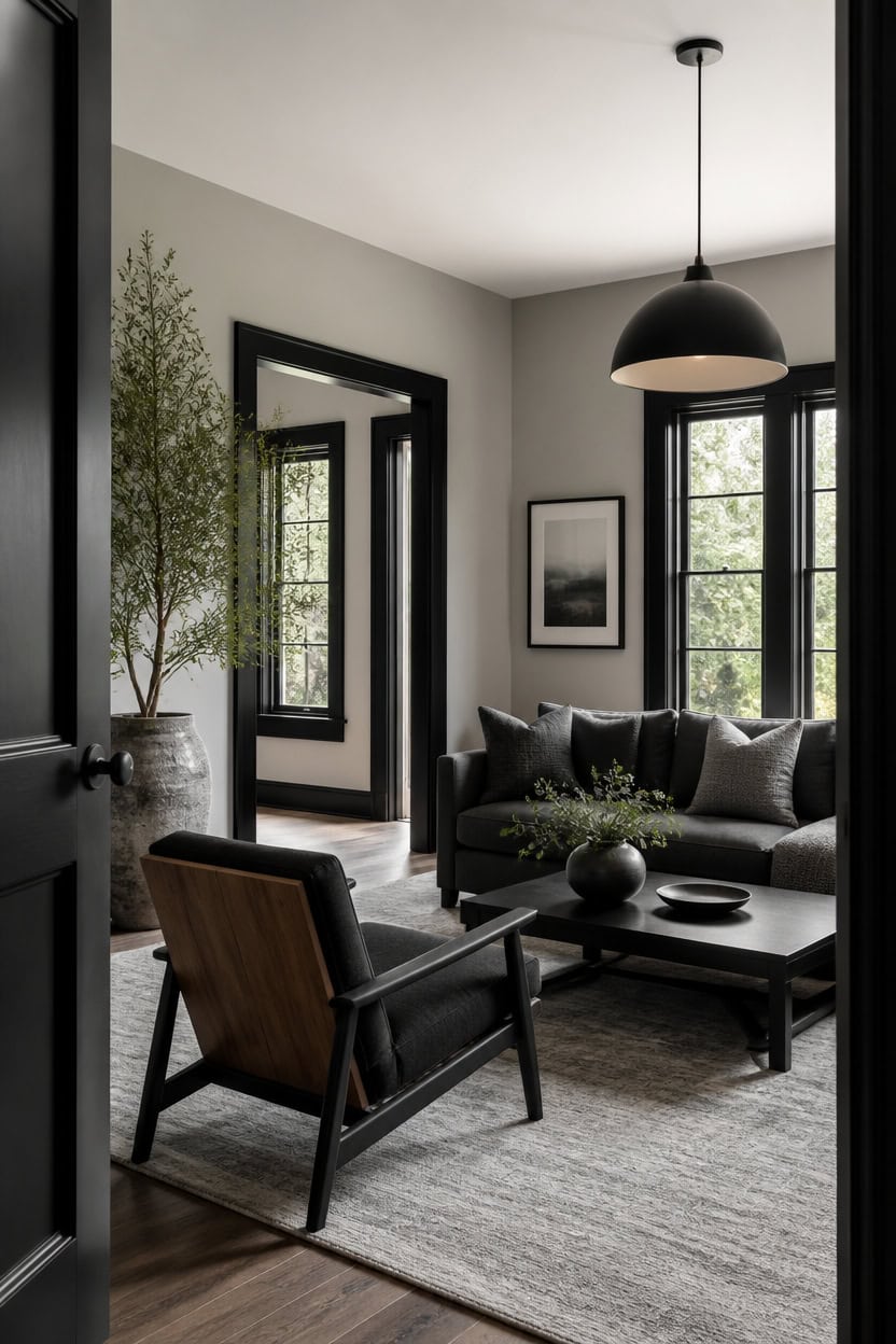 Stylish living room with black sofa, armchair, and large windows.