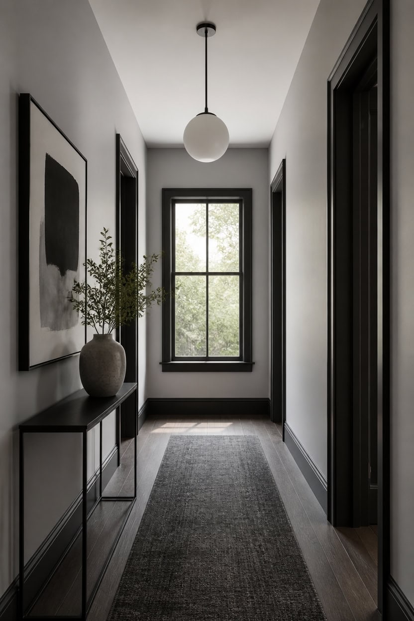 Bright hallway in modern apartment with black window frame and minimalist decor.