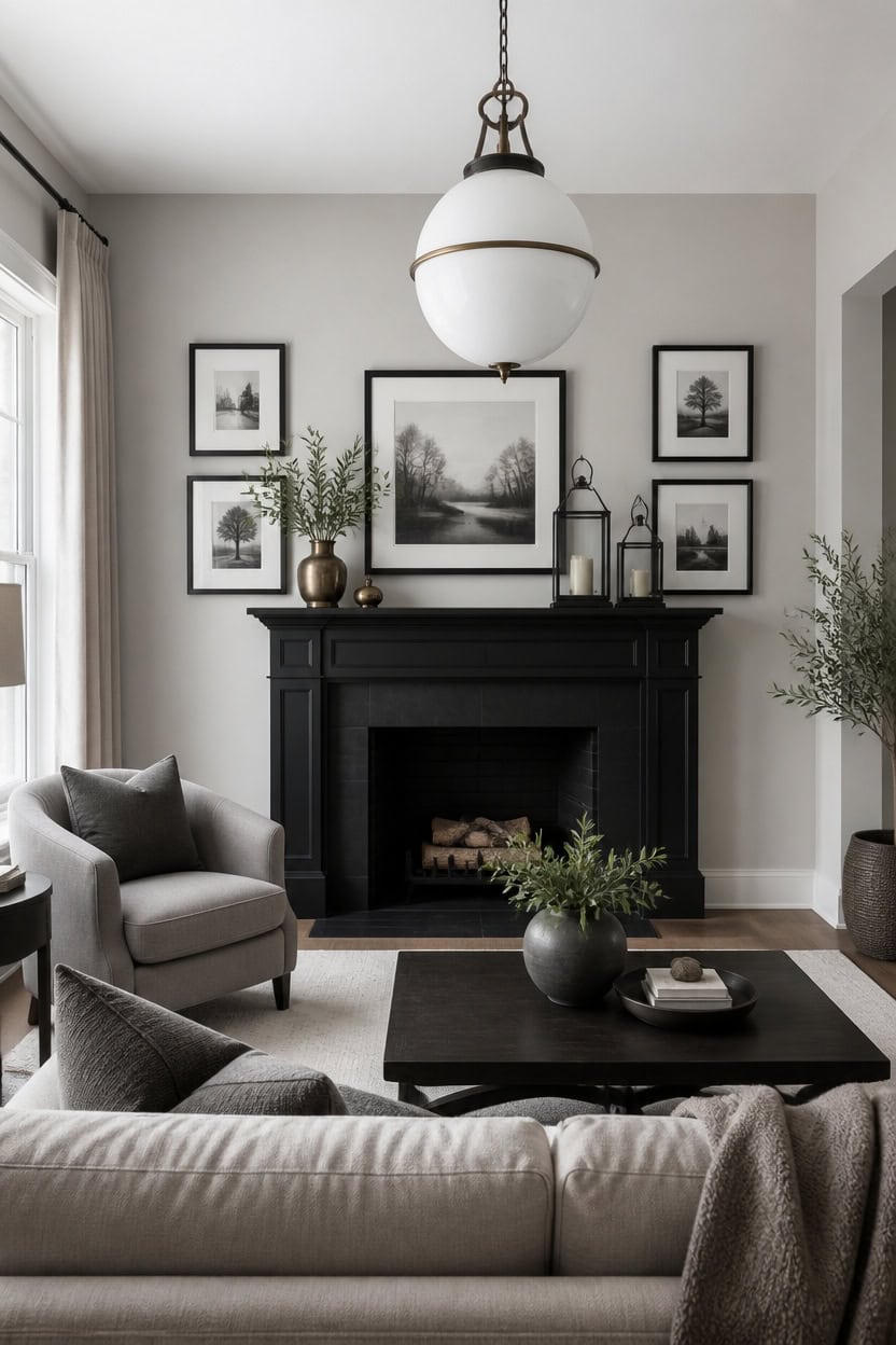 Stylish living room with fireplace, black mantel, and framed artwork.