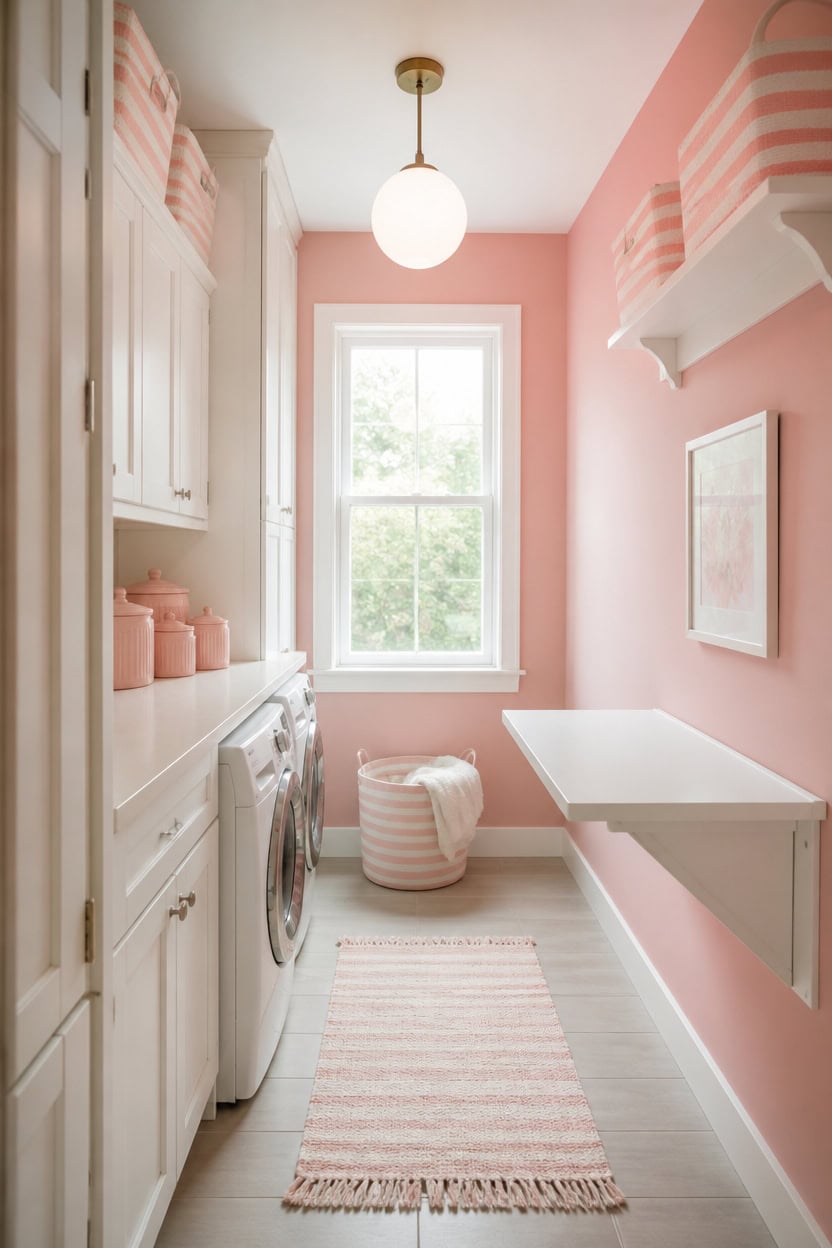 Bright laundry room with pink walls, white cabinets, and a window with greenery view.