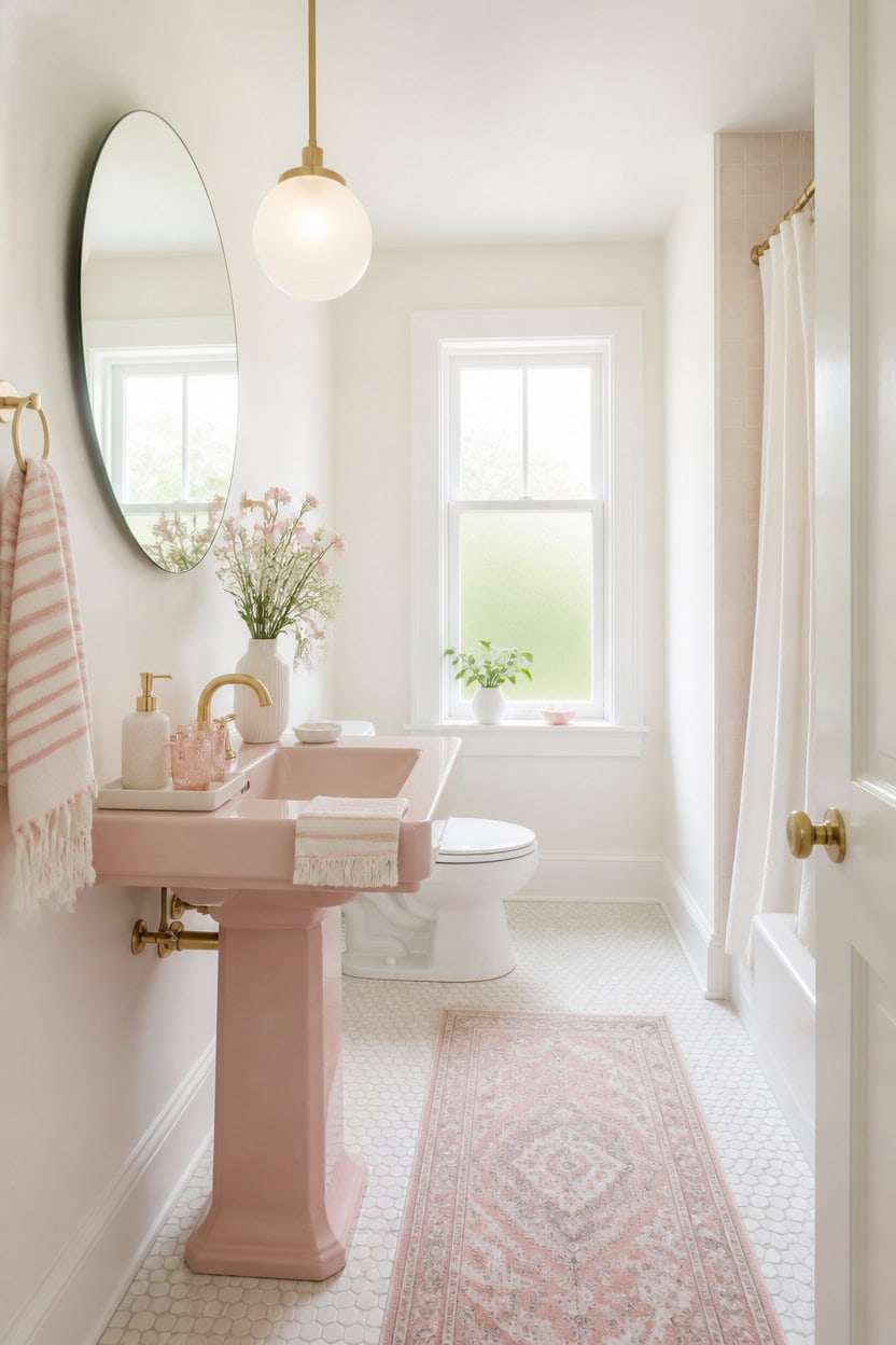 Bright bathroom with pink pedestal sink, large mirror, and natural light from window.