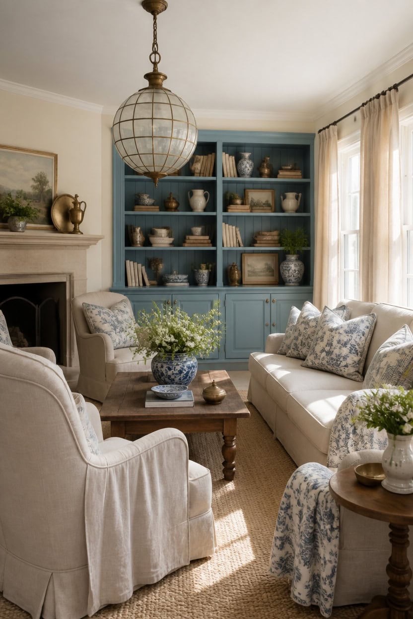 Elegant living room with beige furniture and a blue bookshelf.