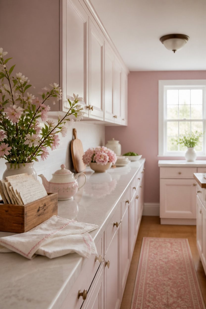 Bright kitchen with white cabinets, pink walls, and decorative flowers.