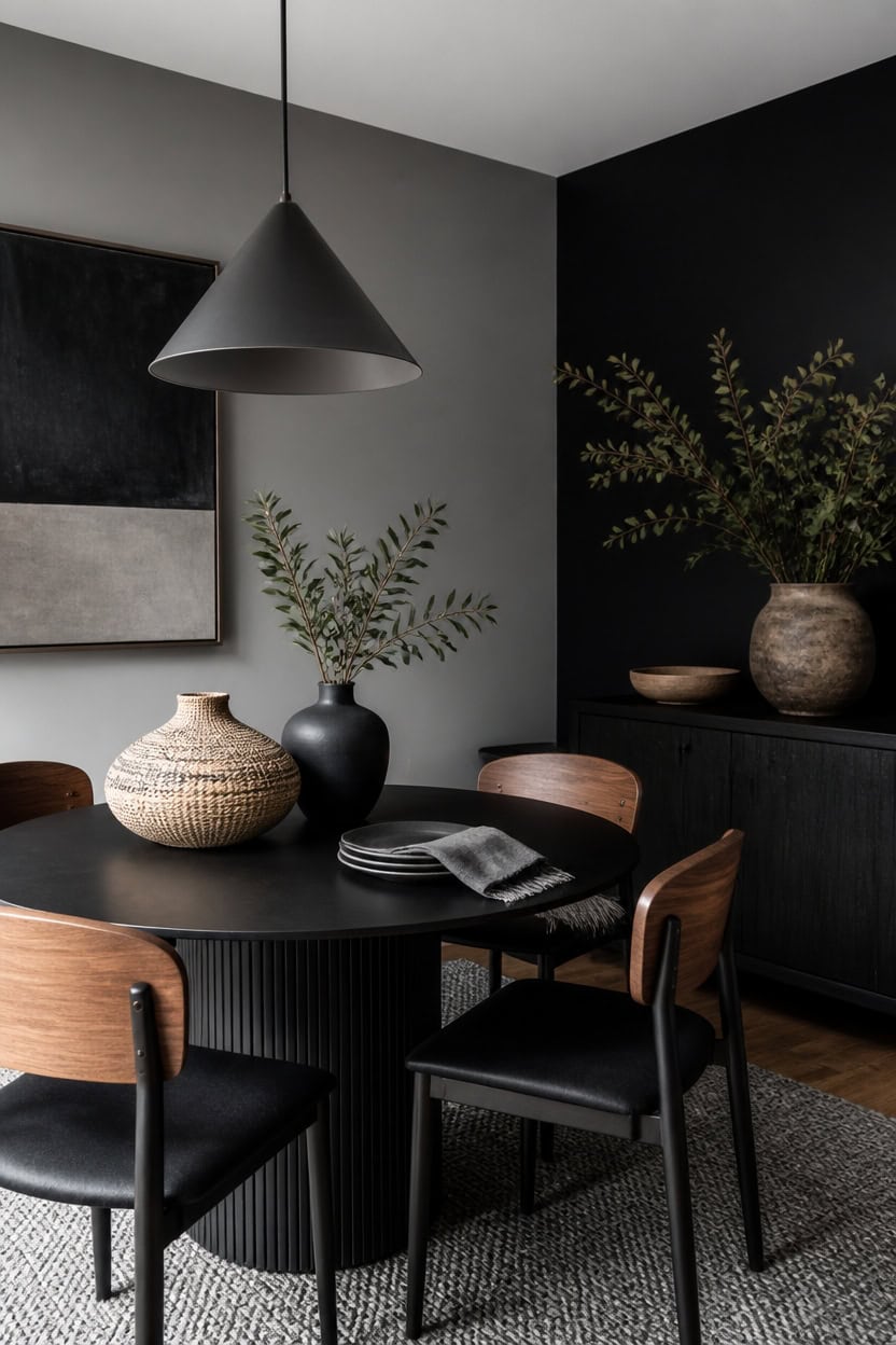 Stylish dining room with black, gray, and wooden accents and decorative vases.
