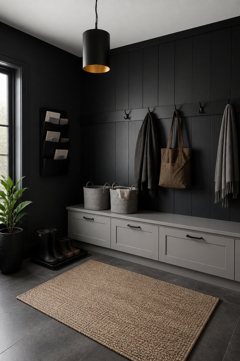 Stylish black and gray entryway with hooks, baskets, and a plant.