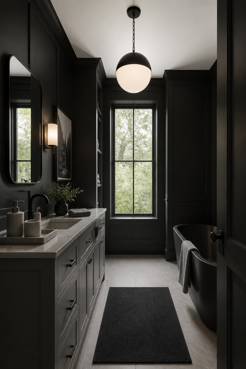 Stylish black bathroom with large window, modern fixtures, and elegant decor.