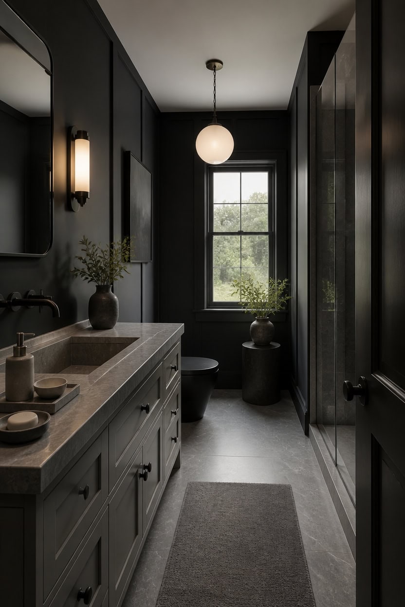 Stylish black bathroom with vanity, window, and modern decor.