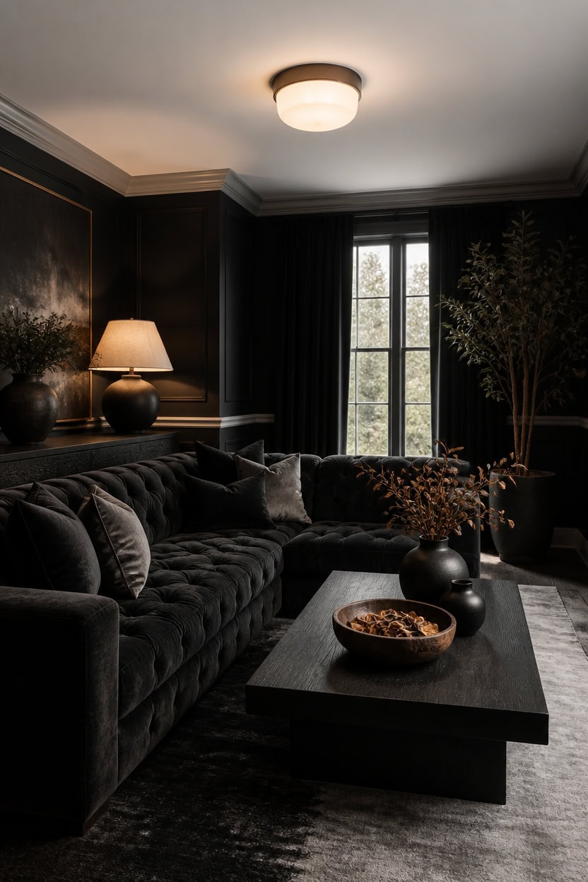 Stylish dark living room with black sofa, curtains, and decor accents.
