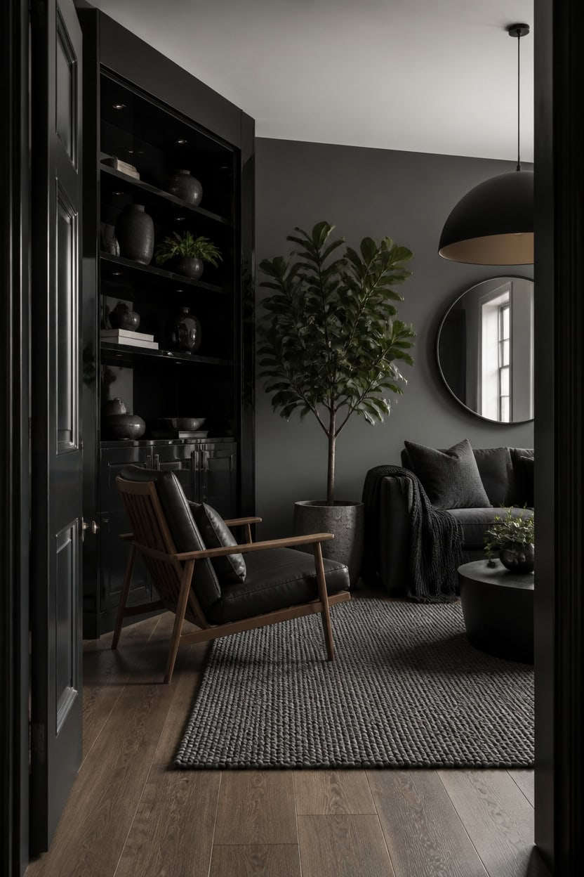 Stylish living room with dark walls, black shelving, and cozy seating area.