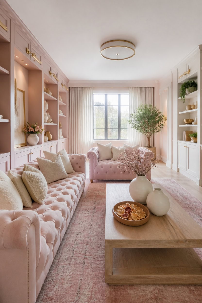 Bright living room with pink tufted sofas, white shelves, and large window with curtains.