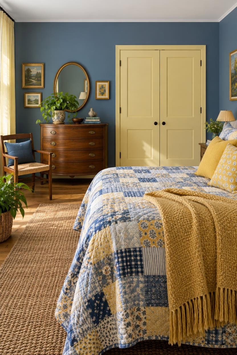 mid blue pale yellow layered textiles