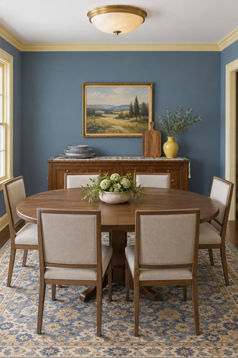 Stylish dining room with a round table, six chairs, and classic decor.