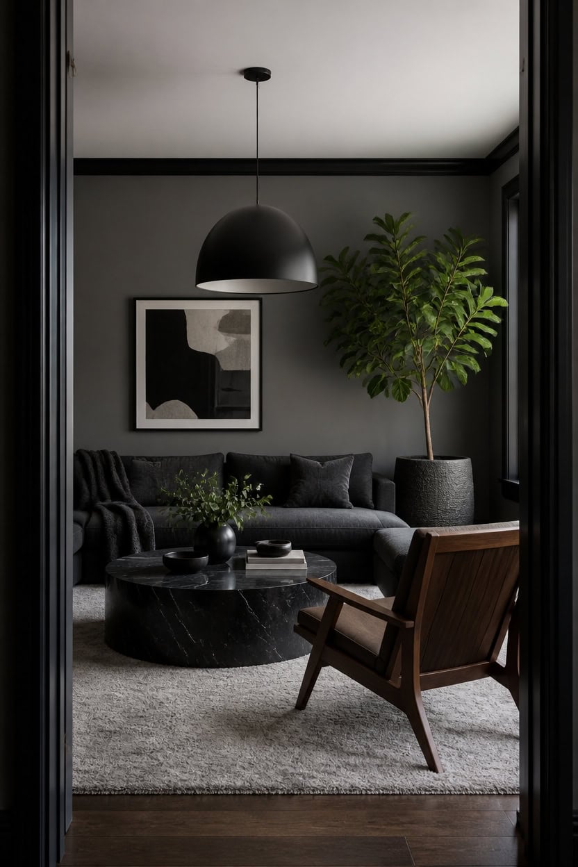 Contemporary living room with black sofa, wooden chair, and large potted plant.