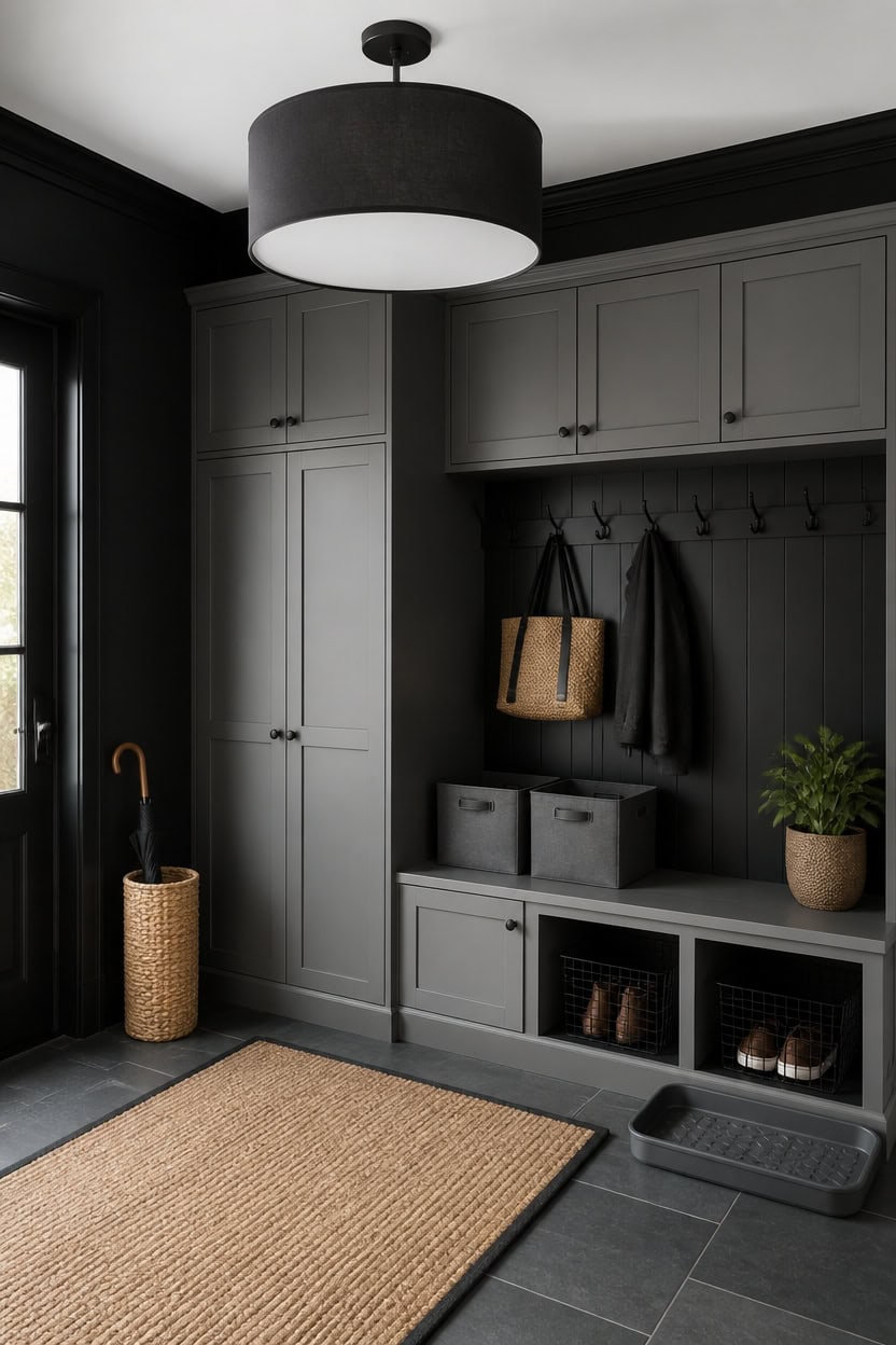 Stylish entryway with gray cabinets, black accents, and decorative items.