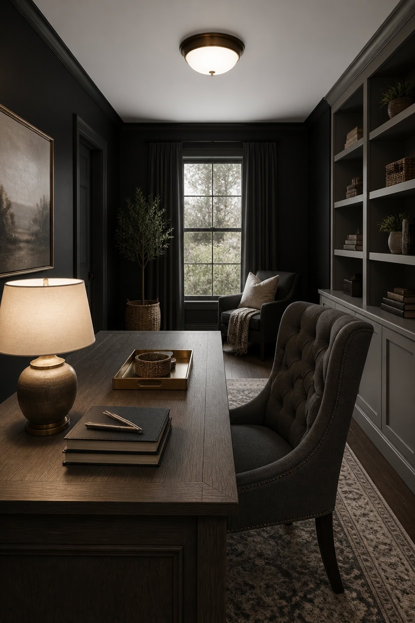 Stylish home office with dark walls, bookshelf, and cozy armchair near window.