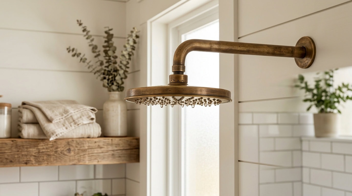 Close-up of a vintage-style showerhead in a bright, modern bathroom.