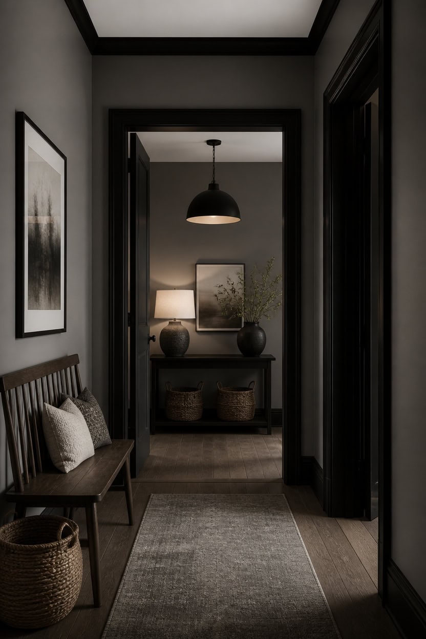 Stylish apartment hallway with artwork, lighting, and decorative vases.
