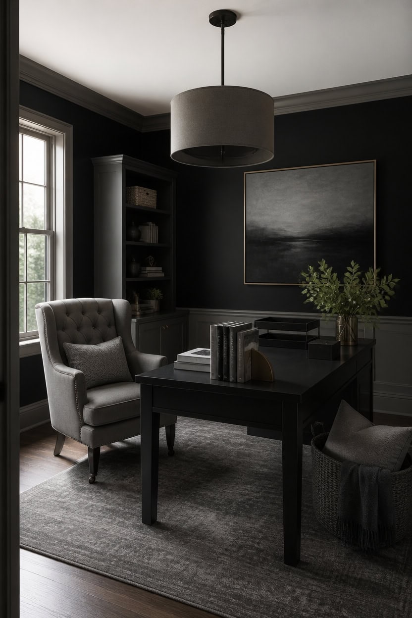Stylish home office with dark walls, gray armchair, and black desk.