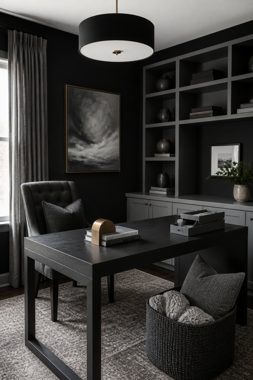 Stylish home office with black walls, shelves, and furniture, featuring a desk, chair, and artwork.