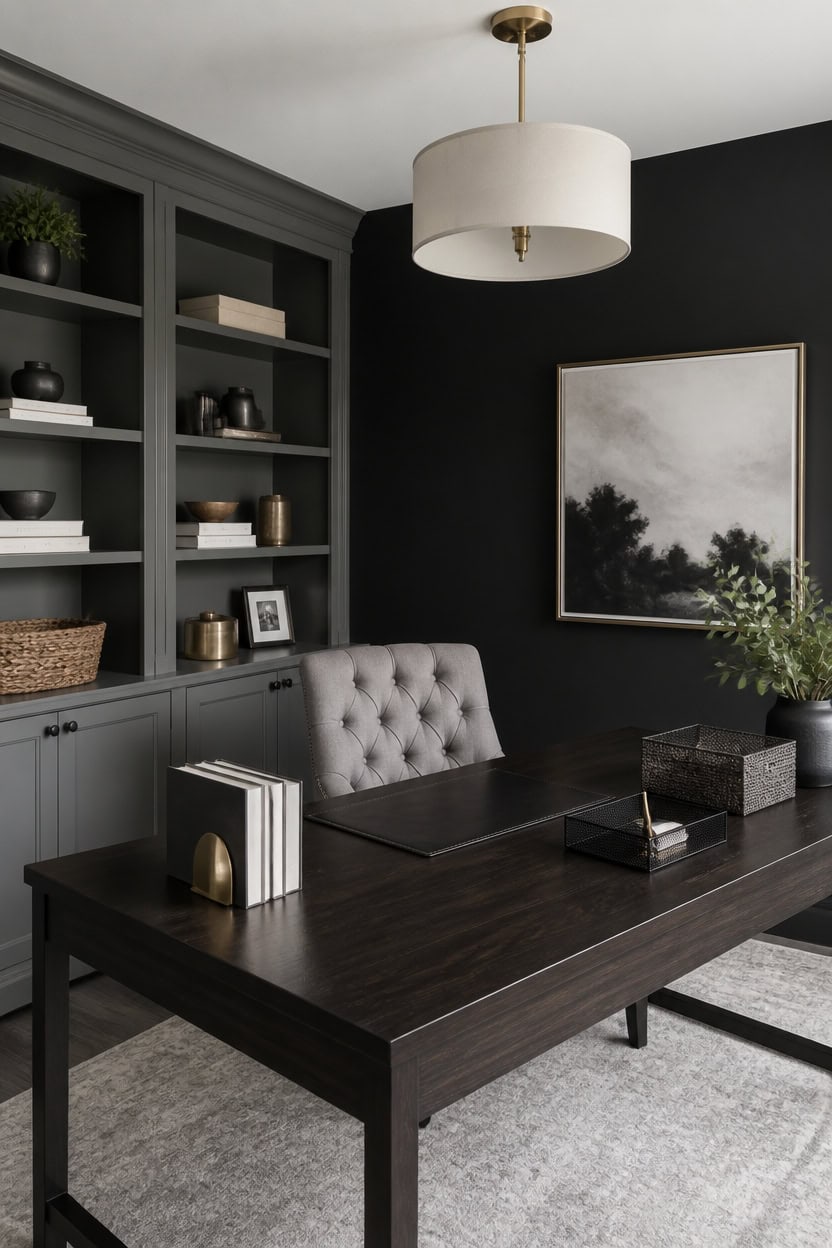 Stylish home office with dark wall, bookshelf, and elegant decor.
