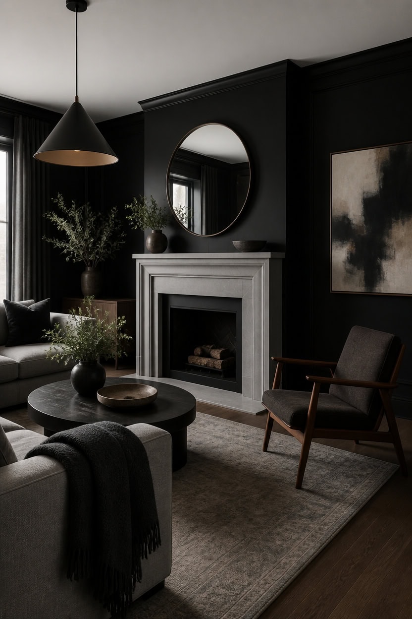 Stylish living room with fireplace, round mirror, and contemporary furniture.