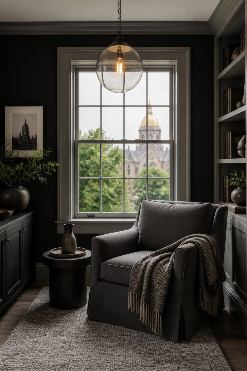Comfortable armchair by window with church view and modern decor.