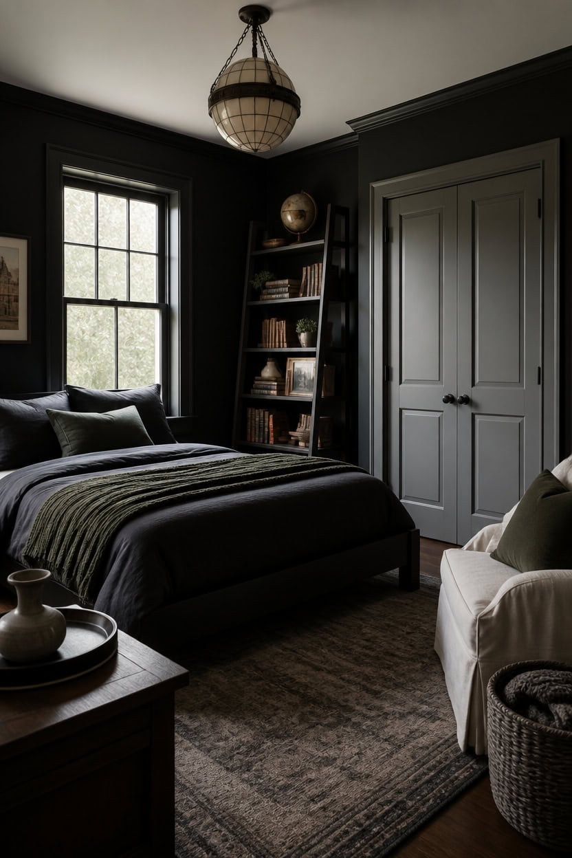Dark-themed bedroom with large window, bookshelf, and comfortable bed.