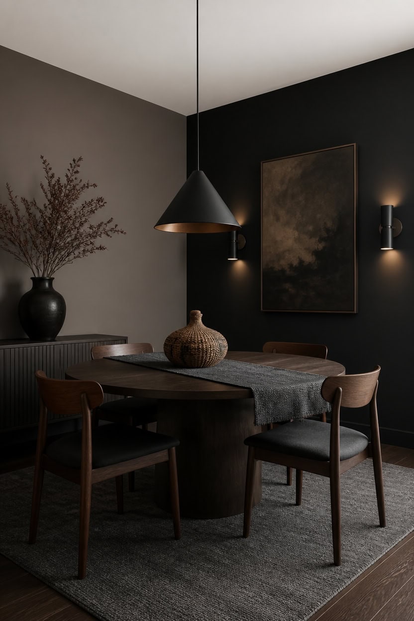 Elegant dining room with black accent wall, round table, and modern decor.