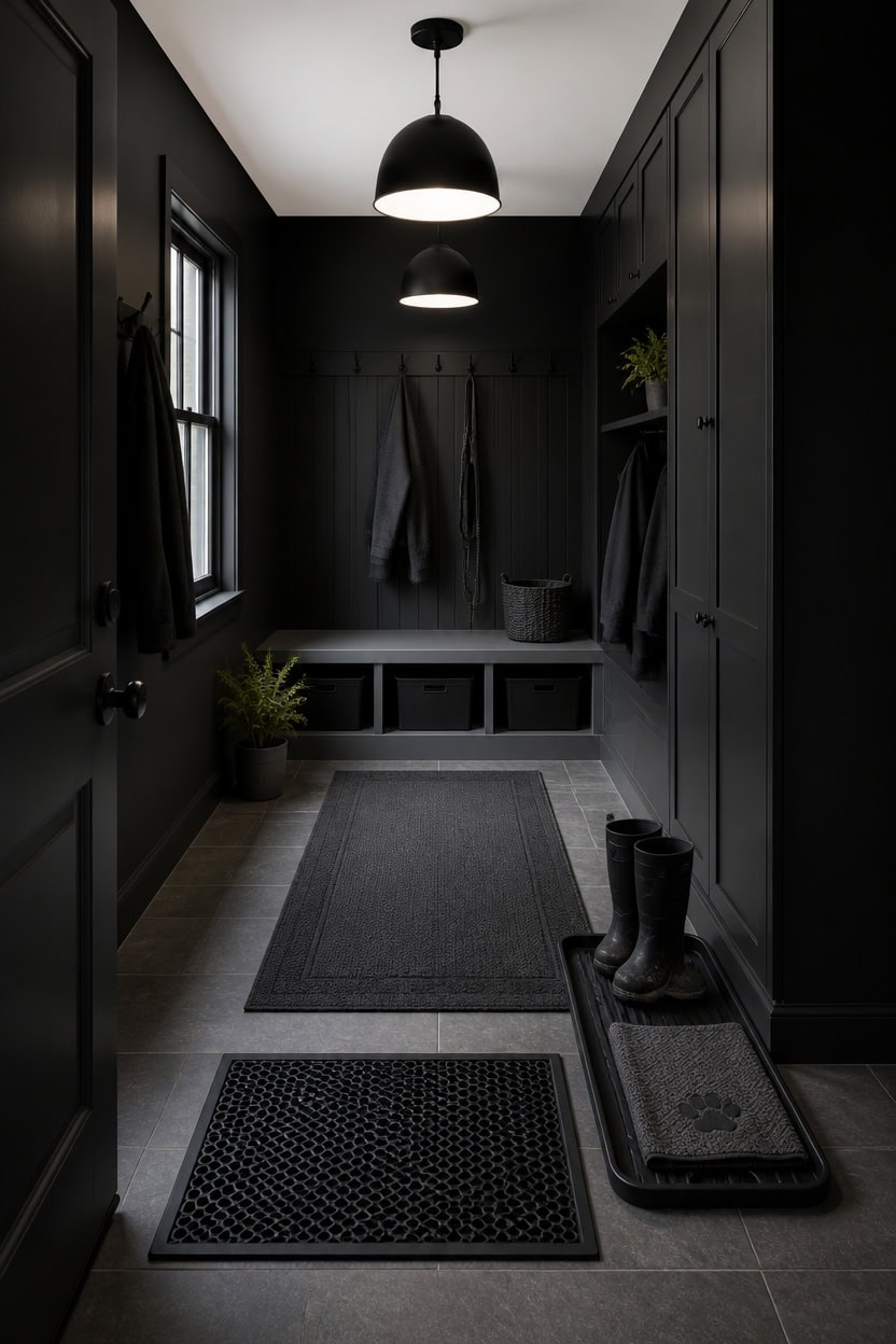 Stylish black mudroom with hooks, storage, and decor elements.