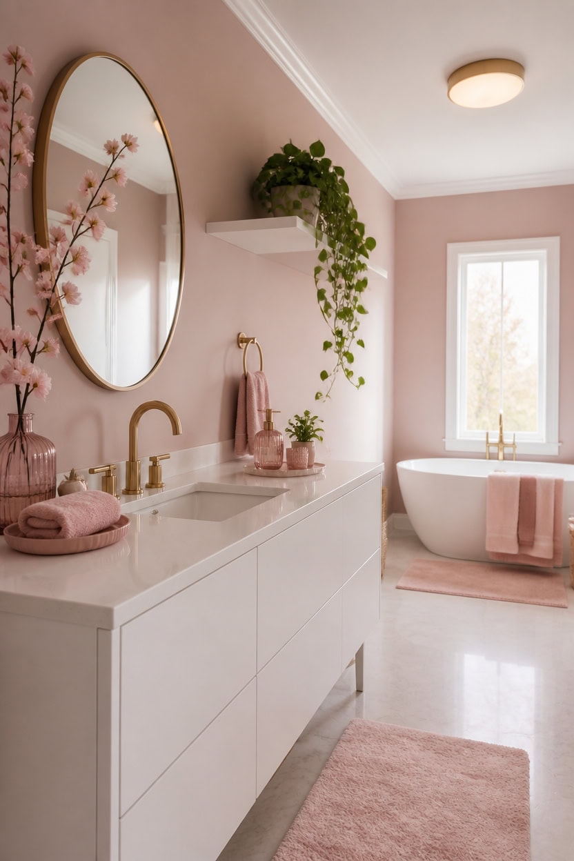 Modern bathroom with pink towels, plants, and a bathtub near the window.