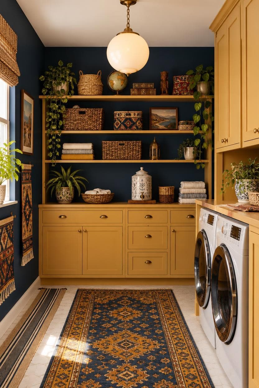 Charming laundry room with yellow cabinets, open shelves, and a patterned rug.