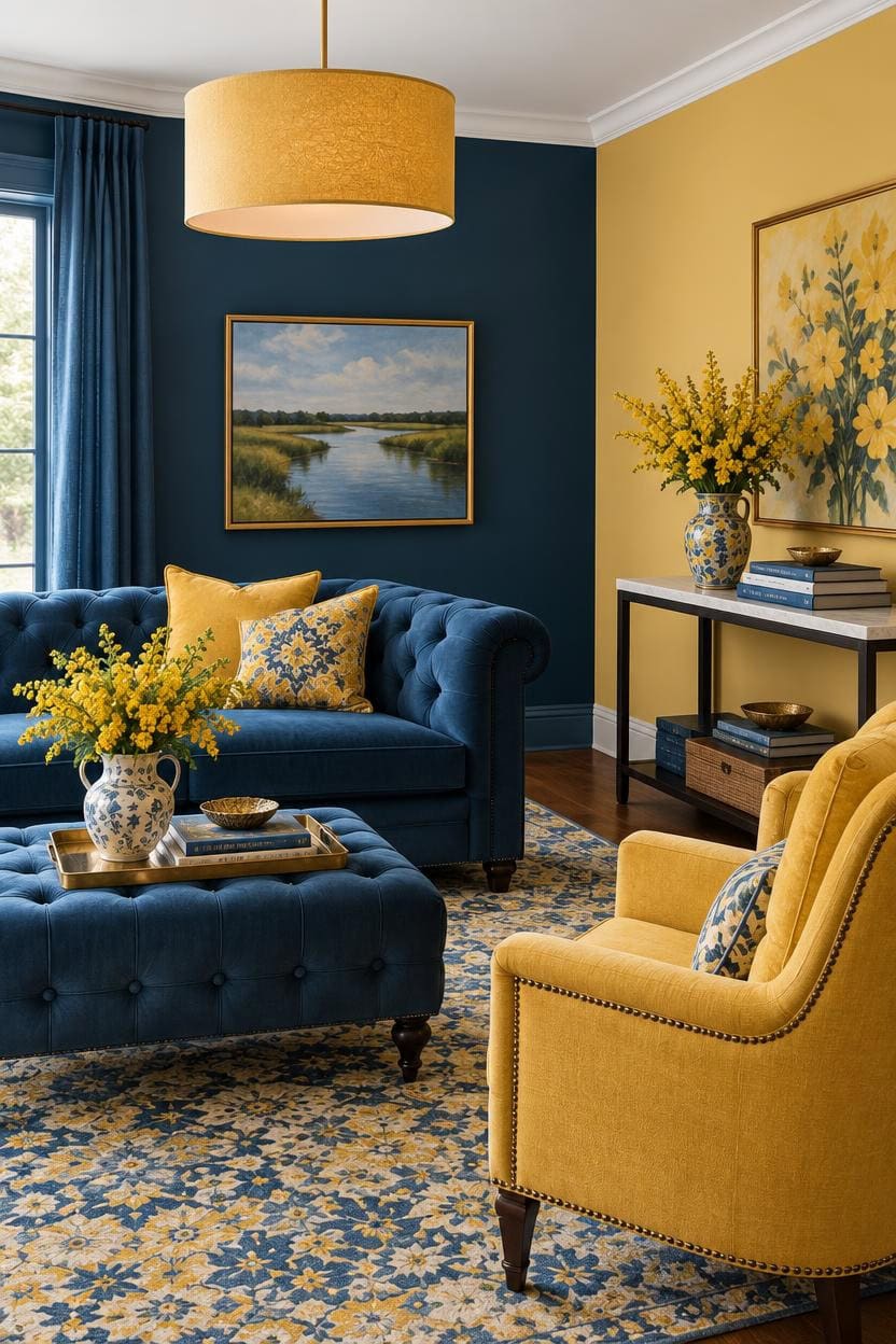 navy mustard curated cozy scene