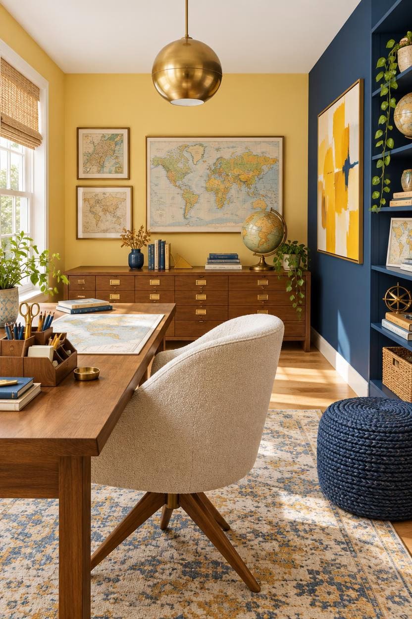 Cozy home office with wooden desk, world map, and colorful artwork.