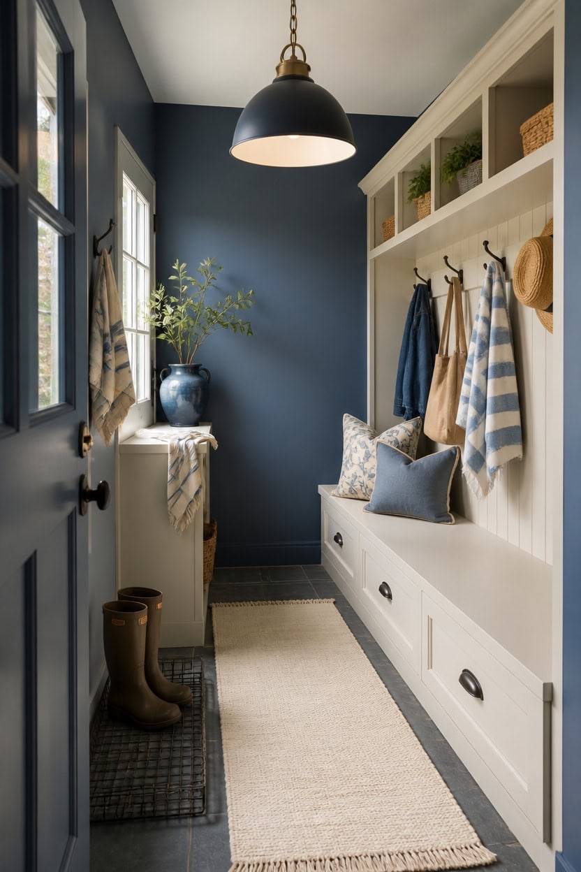 Cozy mudroom with navy blue wall, white storage bench, and hooks for coats and hats.