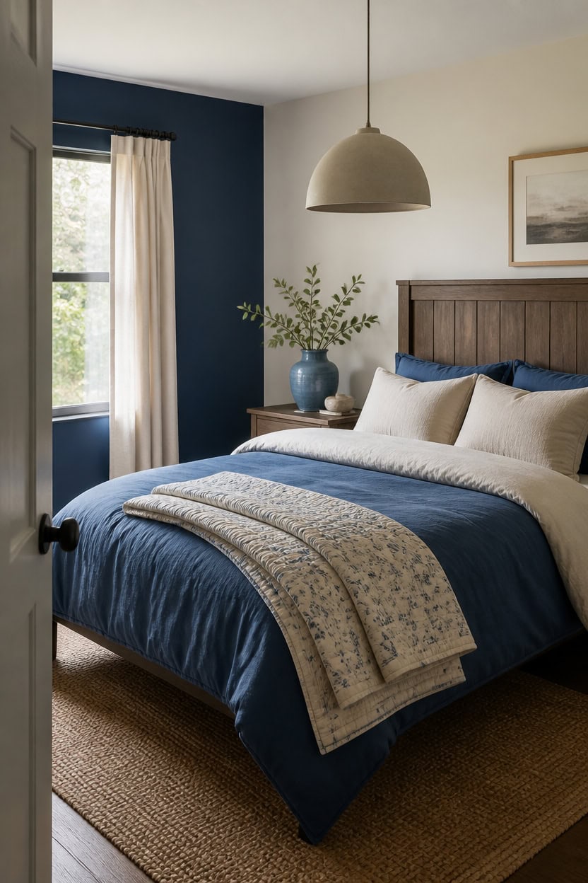 Comfortable bedroom with navy blue accents, wooden headboard, and natural light.