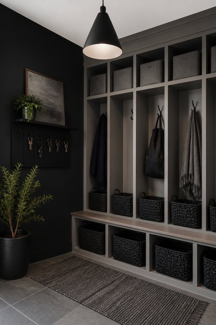 Stylish mudroom with cubbies, hooks, baskets, and decor for organized entryway.