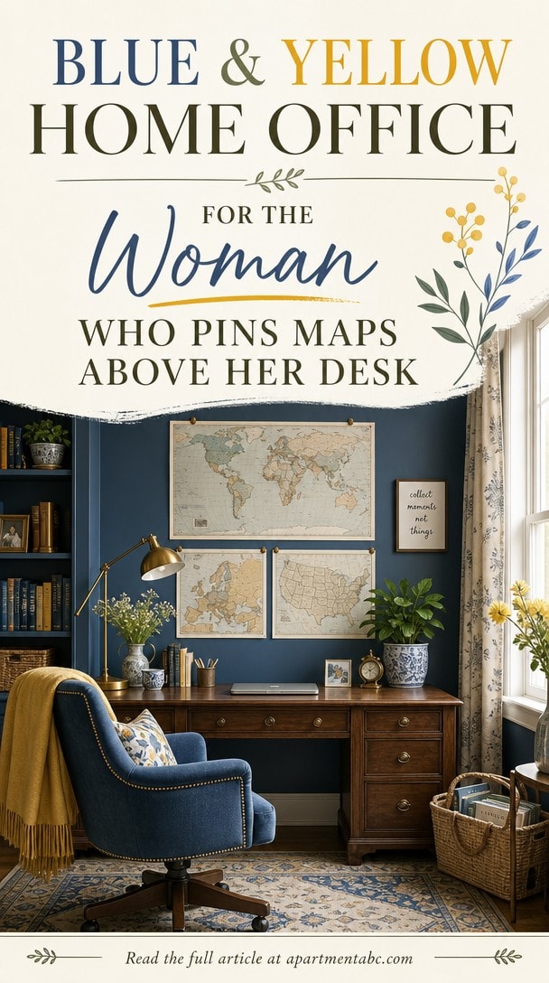 Blue and Yellow Home Office for the Woman Who Pins Maps Above Her Desk