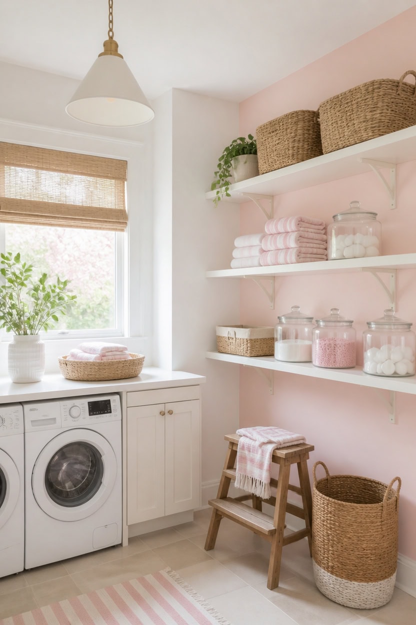 Cozy laundry room with shelves, baskets, and a washing machine in a bright space.