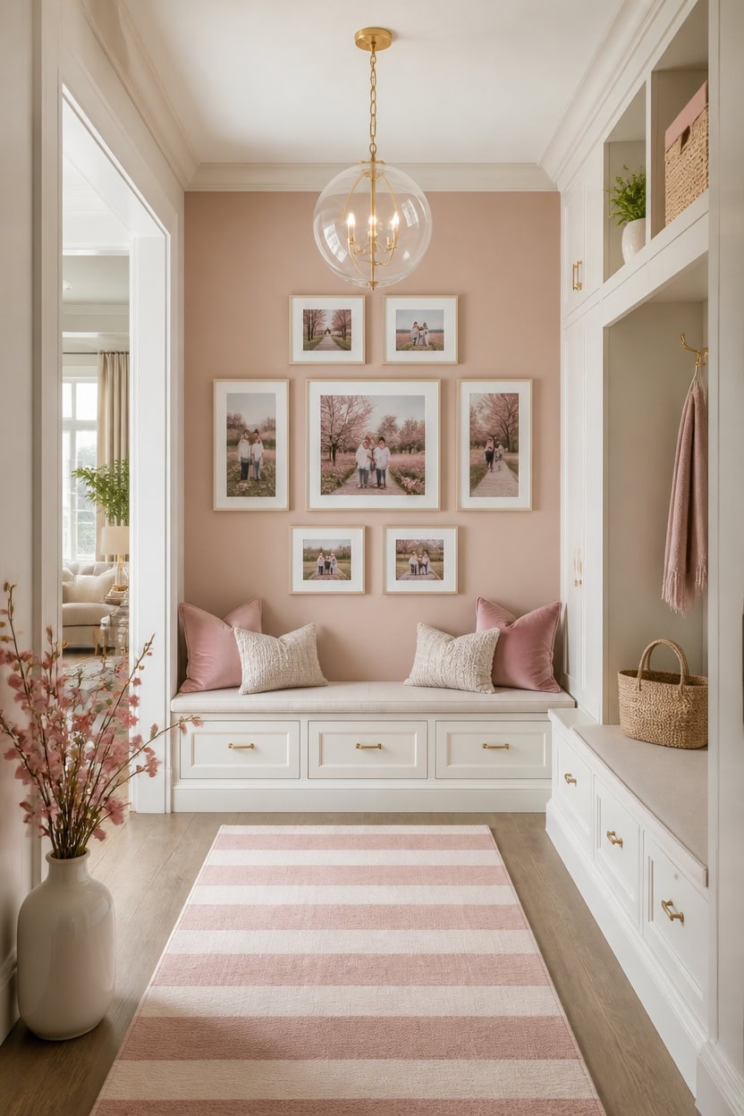 pink accented cohesive mudroom design