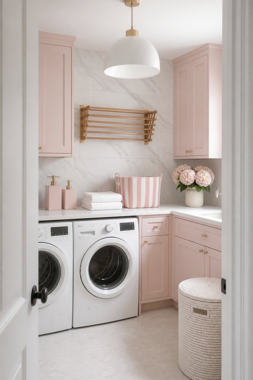 Bright laundry room with pink cabinets, washer, dryer, and floral decor.