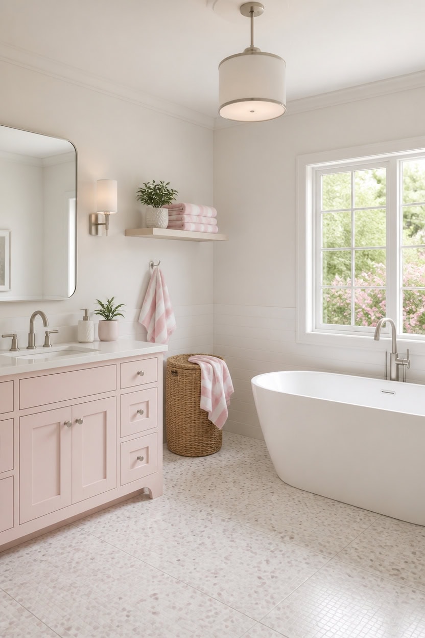 Bright bathroom with white walls, large window, and freestanding bathtub.