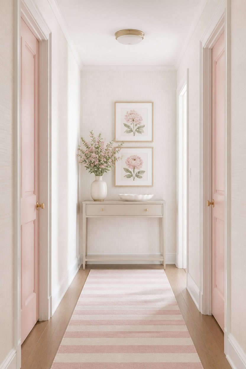 Bright hallway with pink doors and floral artwork on the wall.