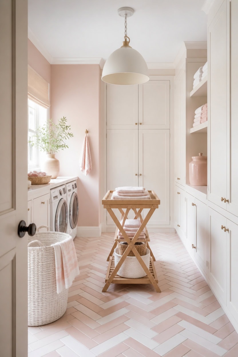 pink and white herringbone laundry