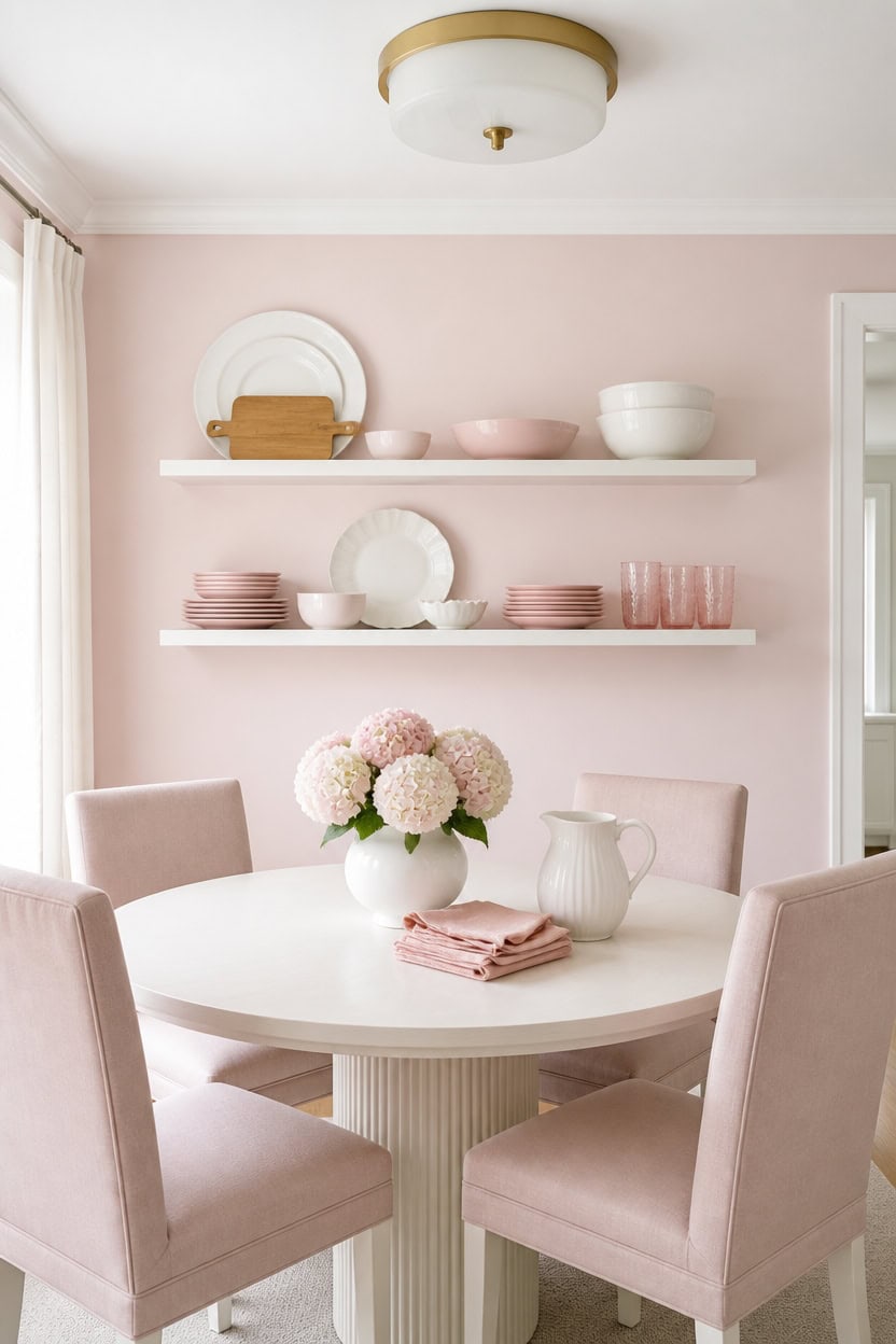 pink and white open shelving