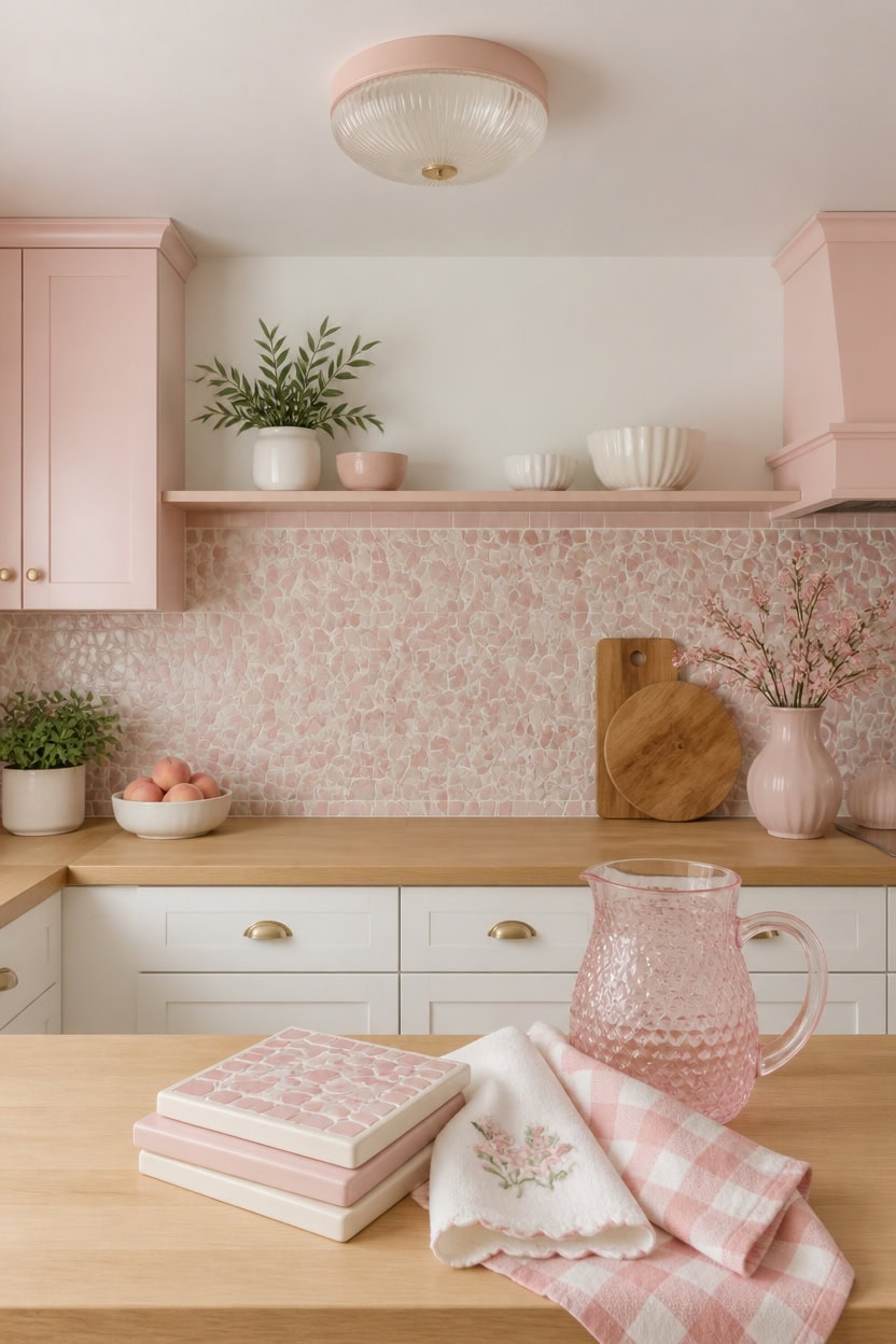 Bright pink and white kitchen with decorative vases and plants.