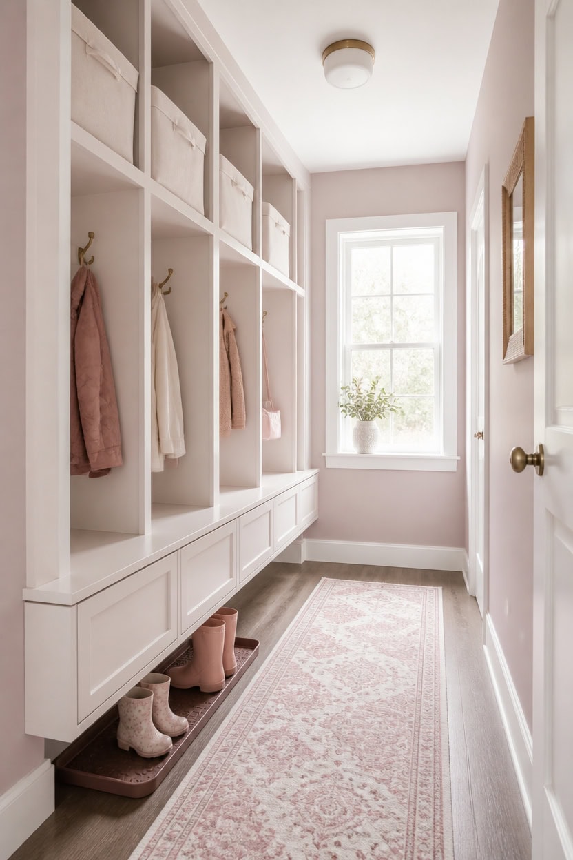 pink mauve compact mudroom
