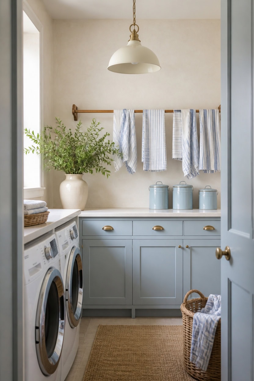 Bright laundry room with blue cabinets, hanging towels, and a potted plant.