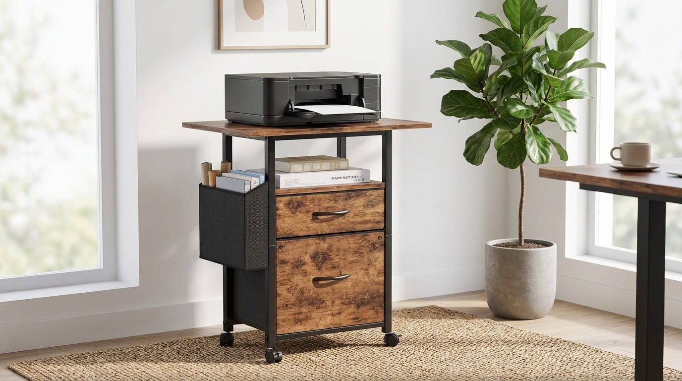 Compact printer stand with drawers and plant in a bright room.